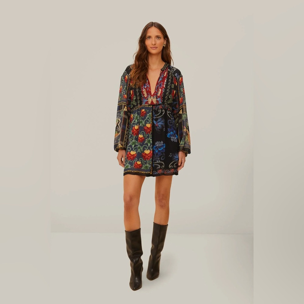 Farm Rio Mixed Arabesque Scarves Mini Dress NWT Size S Long Sleeve Belted